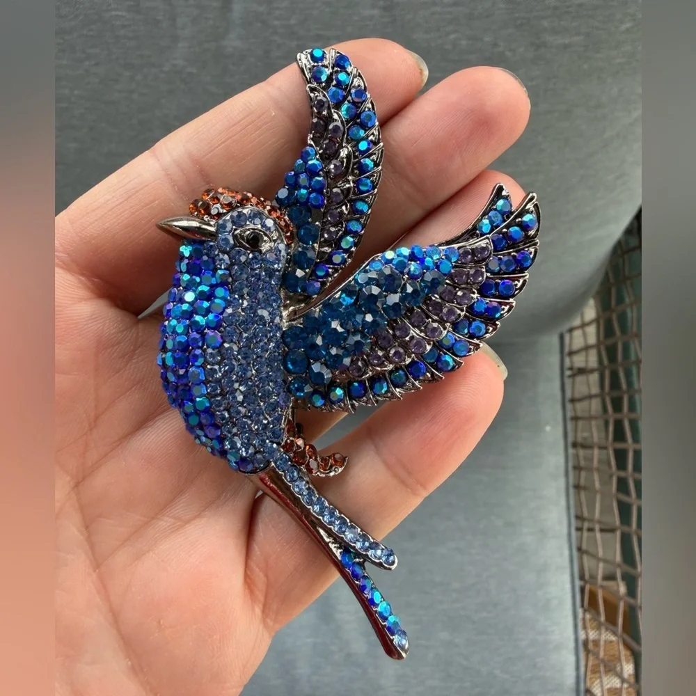Royal Blue Bird Crystal Brooch
